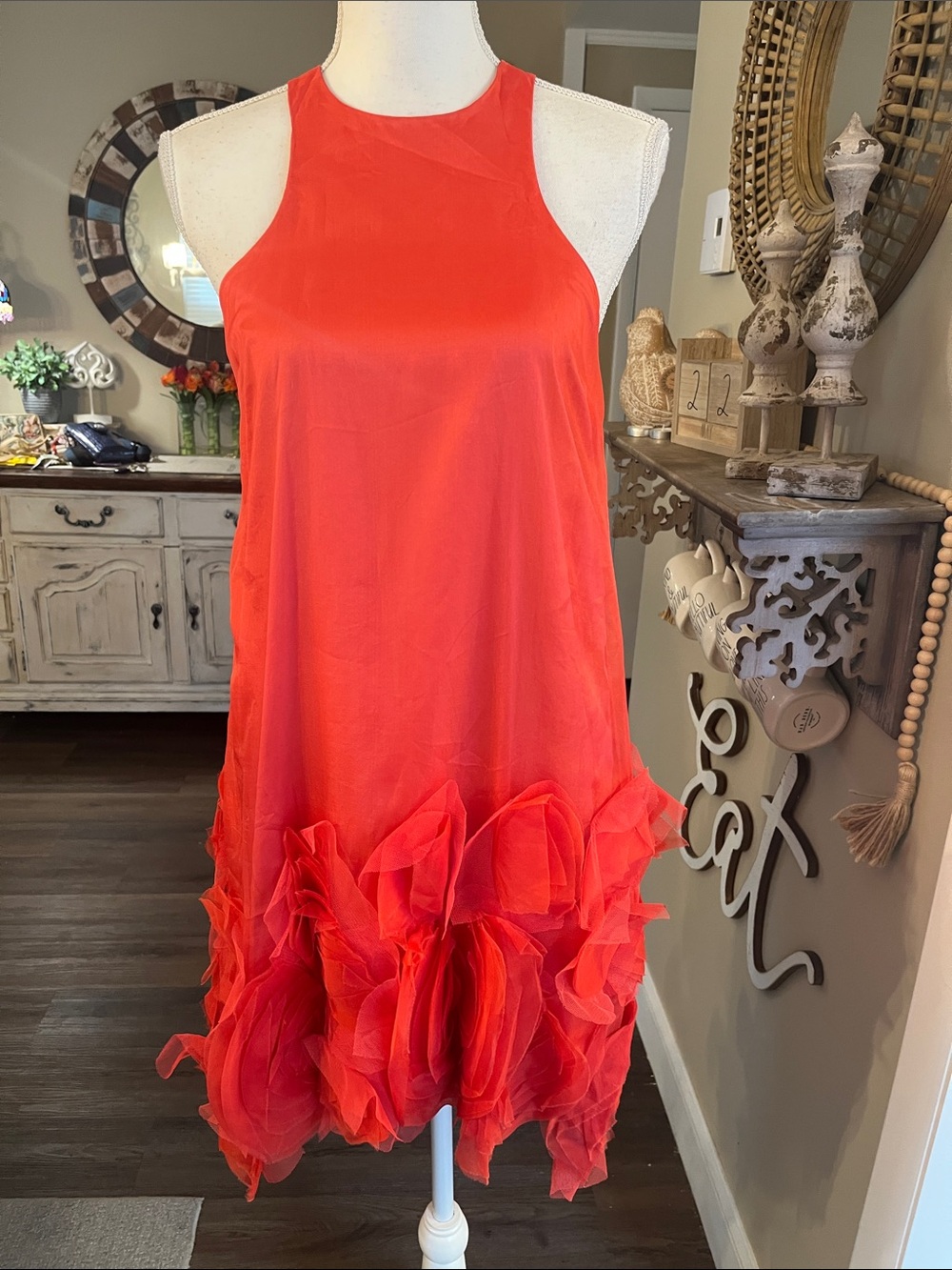Vera Wang Lavender Label Coral Red Ruffled Midi Dress